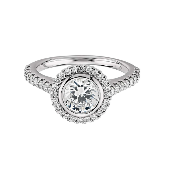 Bezel Halo Pavé Diamond Engagement Ring in 18k White Gold